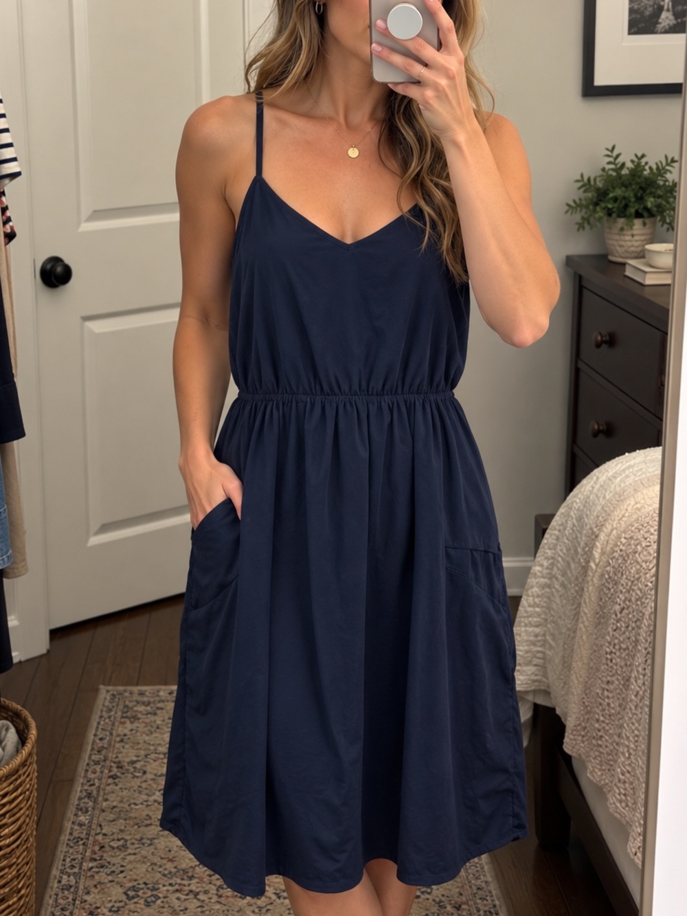 Southern Frock Navy Midi Dress L Spaghetti Strap V Neck Fit Flare Sundress